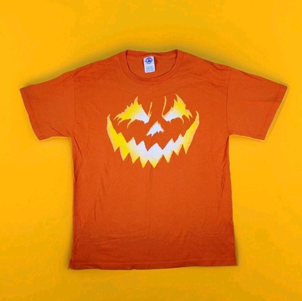 Vintage Y2k 2006 JSR Delta Pro Halloween T Shirt Med Orange Jack O Lantern Face